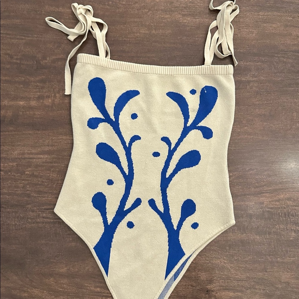 Blue & Tan Knot Bodysuit Top
